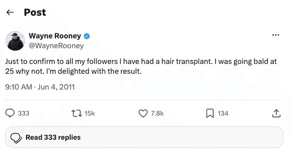 Wayne Rooney’s June 2011 tweet confirming his hair transplant