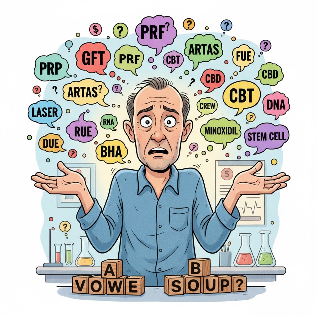 confused patient surrounded by prp, prf and hair loss treatment acronyms